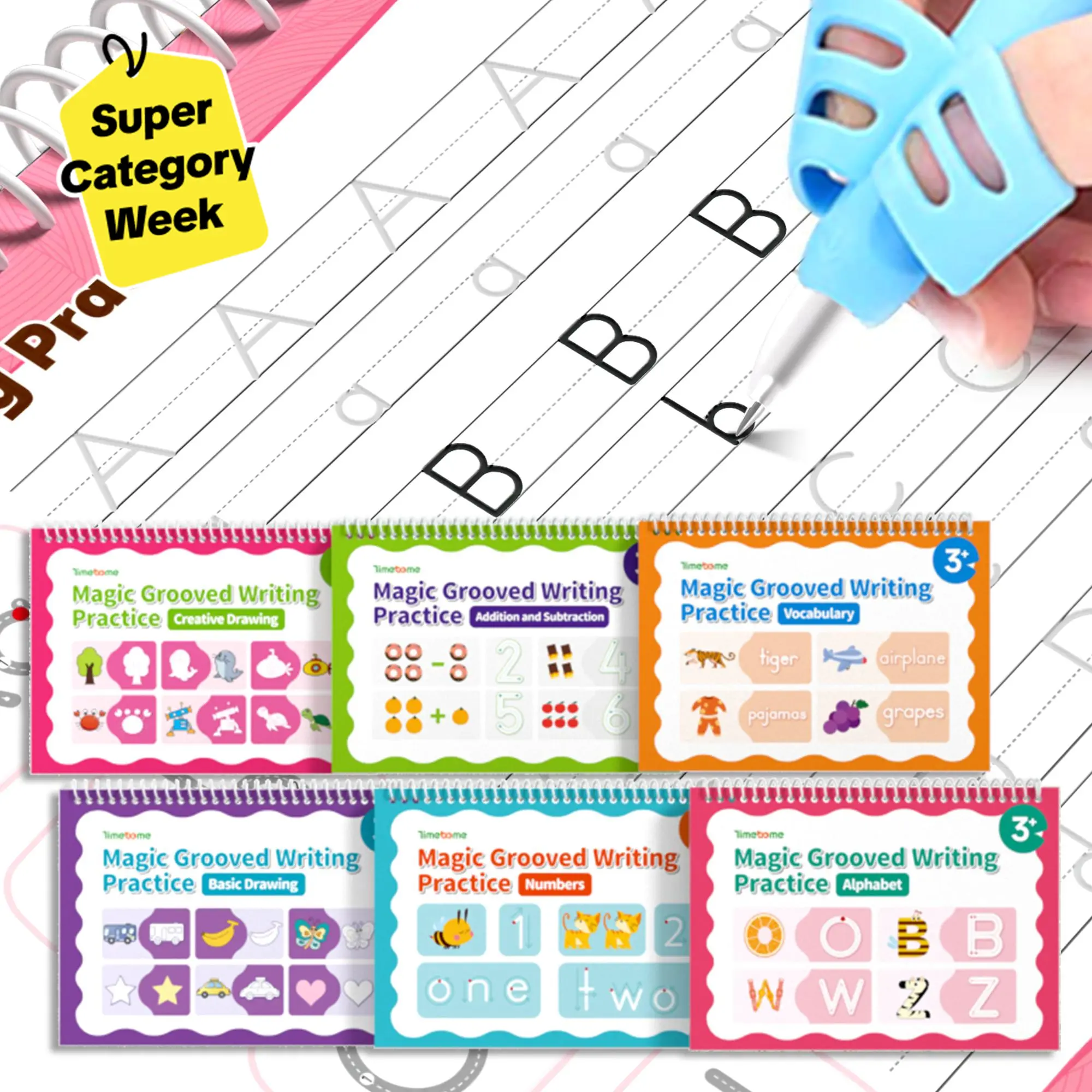 TIMETOME Eco-Friendly Reusable Grooved Handwriting Workbook Set (6 Books, 10.2×7.2 inches) with 5 Heat-Activated Auto-Disappearing Refills, Early Elementary Learning Materials for Math, Words, Drawing, Back to School Haul School Supplies Gift for Kids, Sp