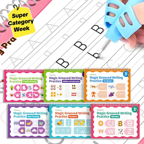 TIMETOME Eco-Friendly Reusable Grooved Copybook Set, 6 Pcs Copybooks 6 Books Pack (10.2×7.2 in), 5 Heat-Activated Disappearing Bonus Pen Refills, Early Elementary Learning Supplies for Kids