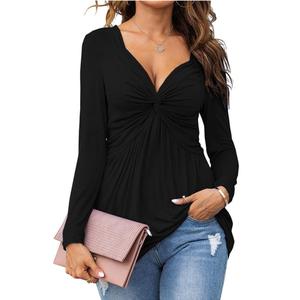 PiePieBuy Women's V-Neck Front Knotted Long-Sleeve Solid Pullover Blouse - High-Quality Polyester-Cotton Fabric, Light, Fashionable, Sexy, Casual Comfy Classy Elegant Top for Outfit Matching,summerwins,summeroutfits,vacationoutfits,beachoutfits