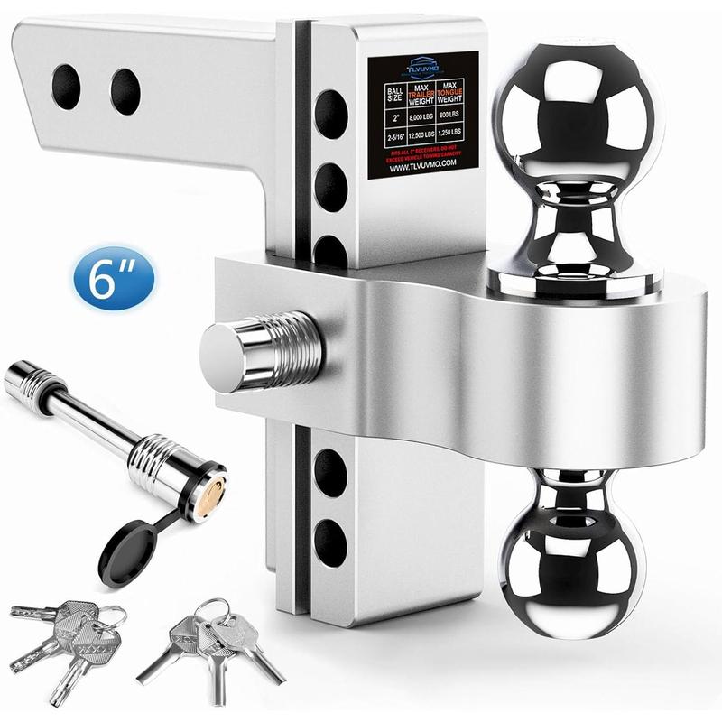 Adjustable Trailer Hitch, 6 Inch Drop Hitch Ball Mount (Fits 2-Inch Receiver), 12,500 LBS GTW, (2" & 2-5/16") Chrome Plated Steels Balls, Aluminum Tow Hitches with Two Anti-Theft Pins Locks