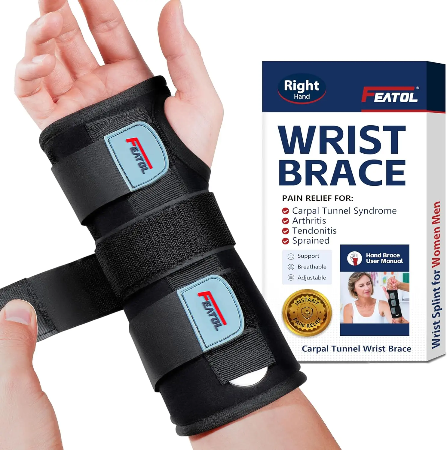 FEATOL Carpal Tunnel Wrist Brace Night Support, Adjustable Right Hand Brace S/M, Wrist Splint with Metal Bar for Women & Men; Relieves Tendonitis, Arthritis & Sprain; Day & Night Wear for Sleep or Work