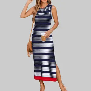 Womens Bodycon Midi Dresses Summer Casual Sleeveless Dress Women Knit Side Slit Striped 2025 Long Tank Dress