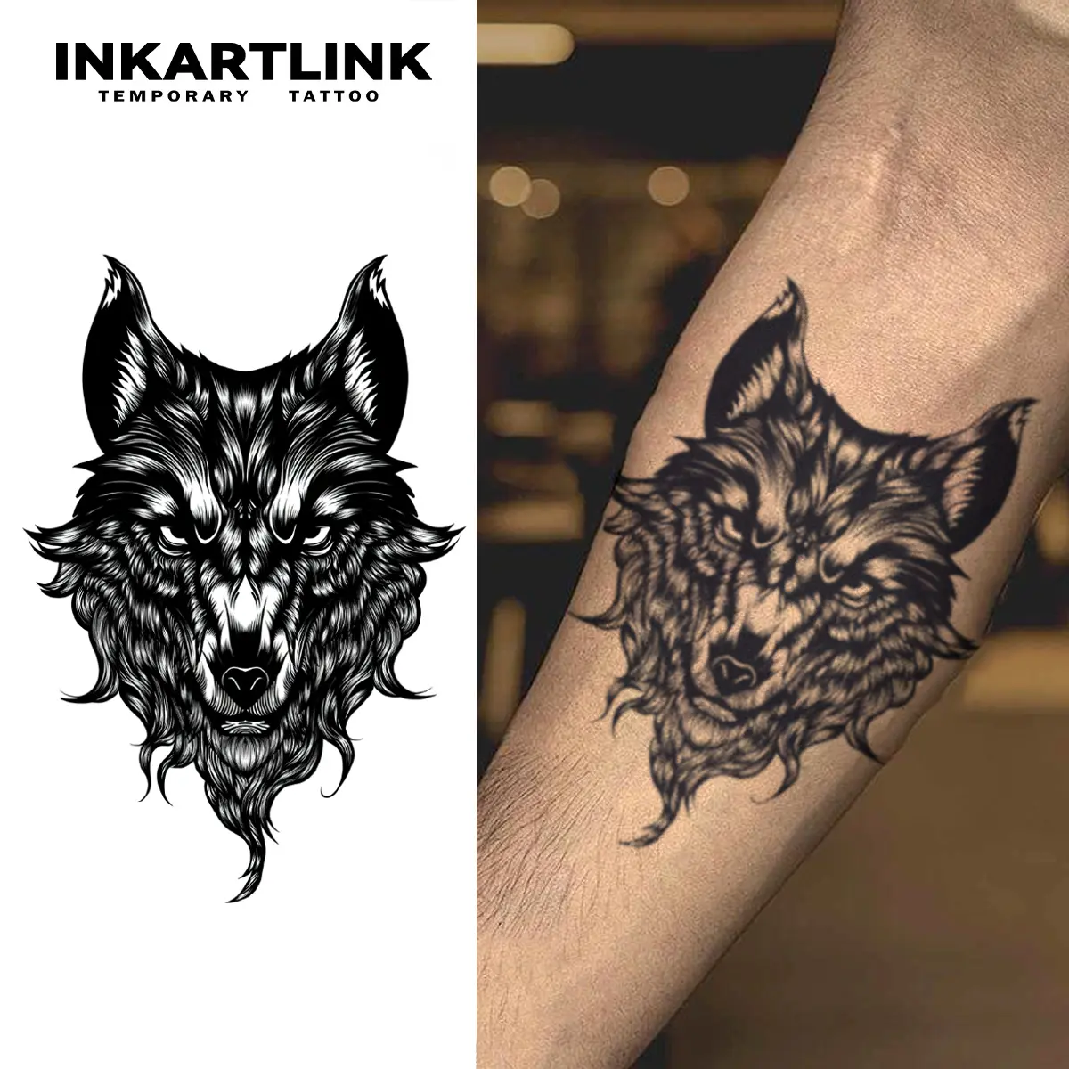 INKARTLINK Semi-Permanent Wolf Head Fake Tattoos - 2 Sheets, Waterproof Tattoo Art for Adults, Realistic, No Adhesive/Reflection, Long Lasting 1-2 Weeks, Suitable for All Skins, Ideal for Swimming, Parties, Single Item