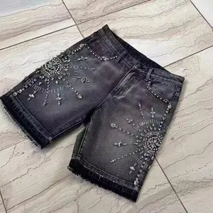 Men’s high-street rhinestone denim shorts — versatile, slim fit, casual fashion; women’s clothing