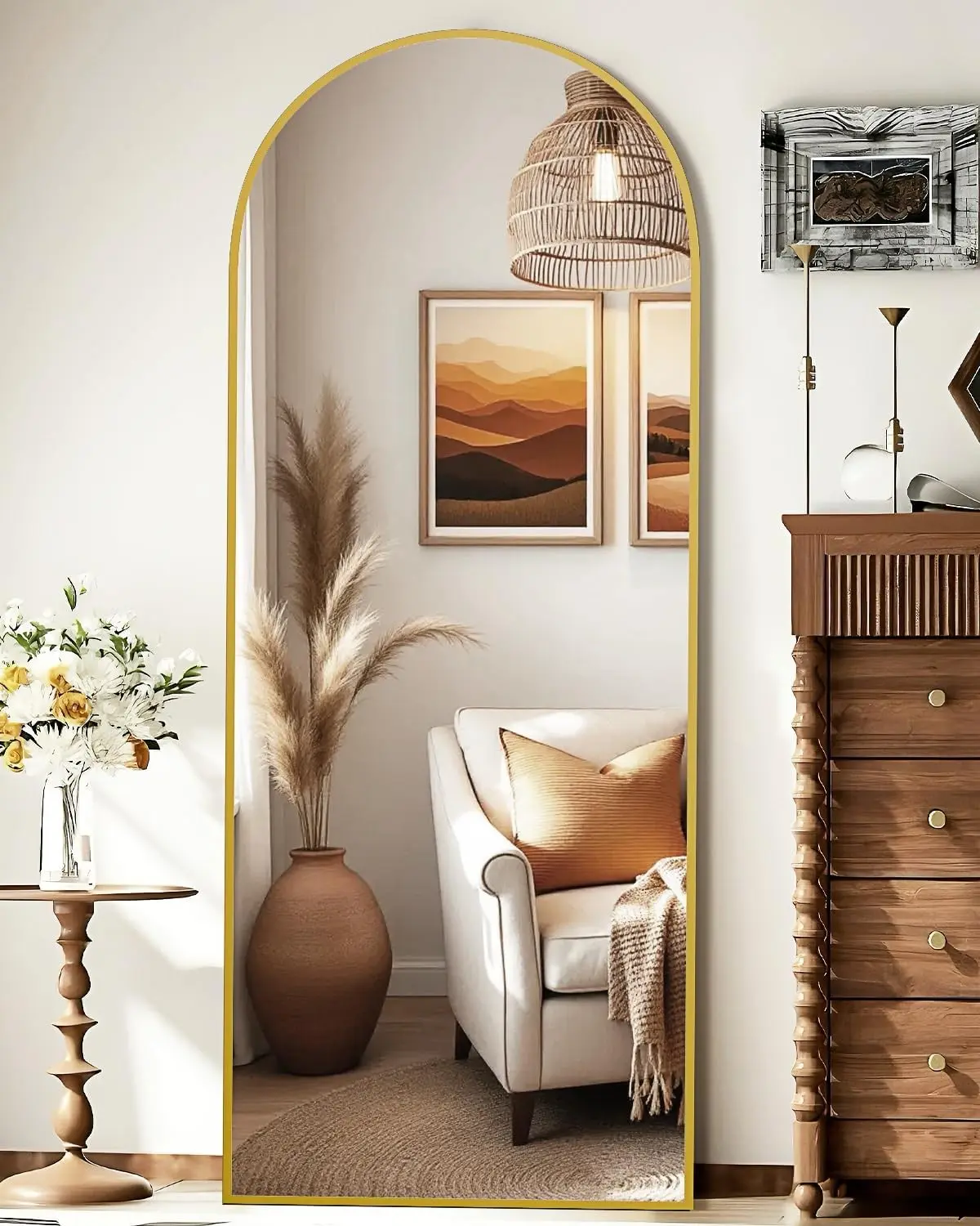 59"x16" Arched Frame Full Length Floor Mirror with Stand, Gold Bedroom Room Decor Full Body Mirror for Living Room or Cloakroom