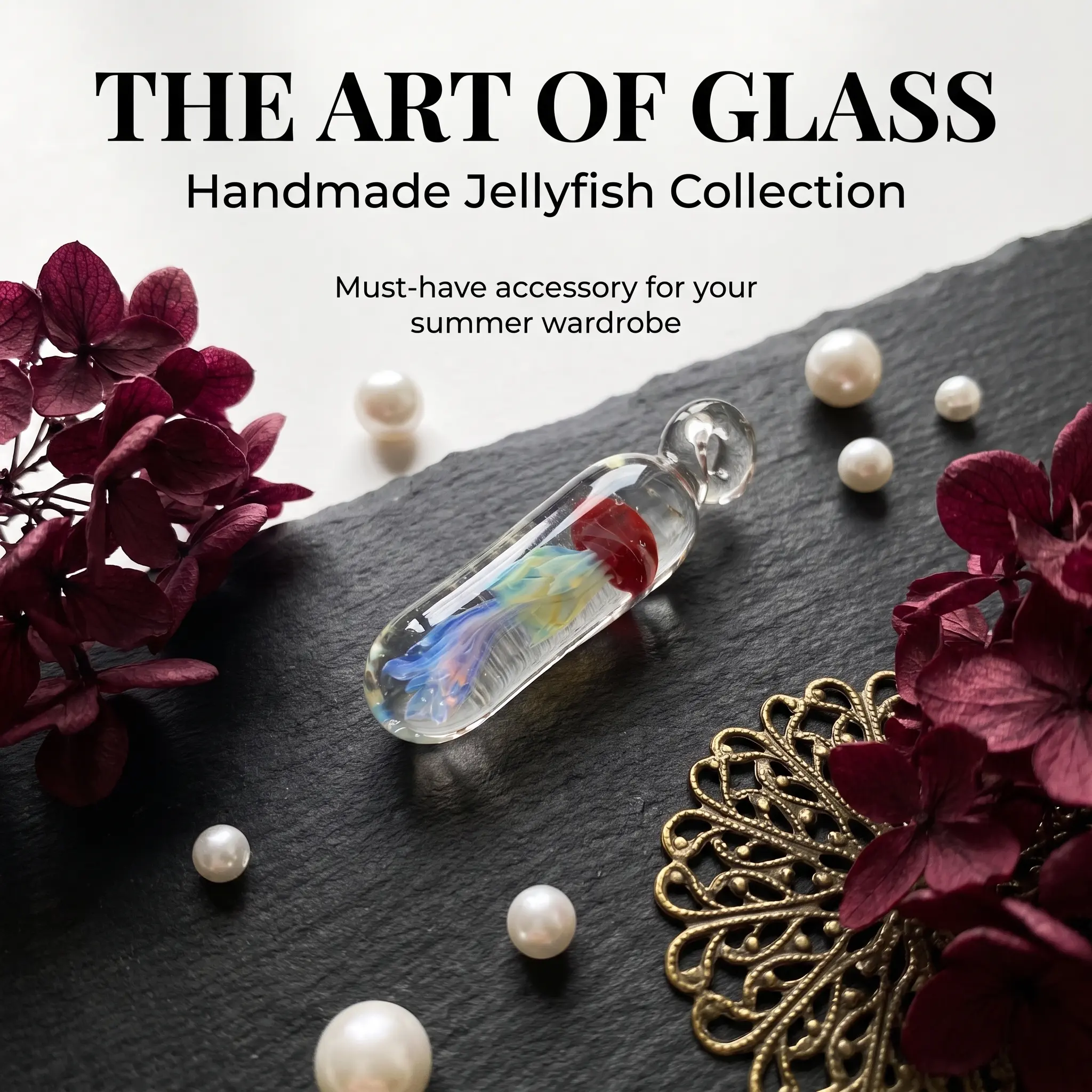 Handmade Jellyfish Pendant Necklace, Hand Blown Artisan Glass Ocean Theme Jewelry for Women, Spiritual Healing Gift Idea, Women's Fashion, Female, Unique Gift, Adults, One Of A Kind