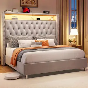 Queen/King Size Velvet Upholstered Platform Bed With Wingback Design, Integrated LED Lights, Charging Station, And Under-Bed Motion Sensor Lighting – No Box Spring Required, Built-In Storage, Grey, Bed Frame, Queen Bed Frame