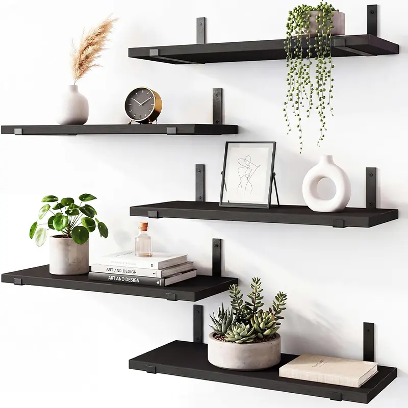 Black 4-Piece Floating Wall-Mounted Wood Shelves with Metal Brackets, Home Organizer Storage Racks for Bedroom, Living Room Decor Displays