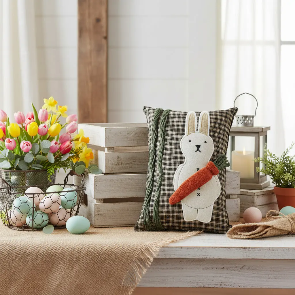 Spring Bunny and Carrot Appliqué Standard Pillow - Cotton Blend Animal Motif Standard Pillows, Home Decorative Cushion for Soft Furnishings, Embroidery, Jute Accents