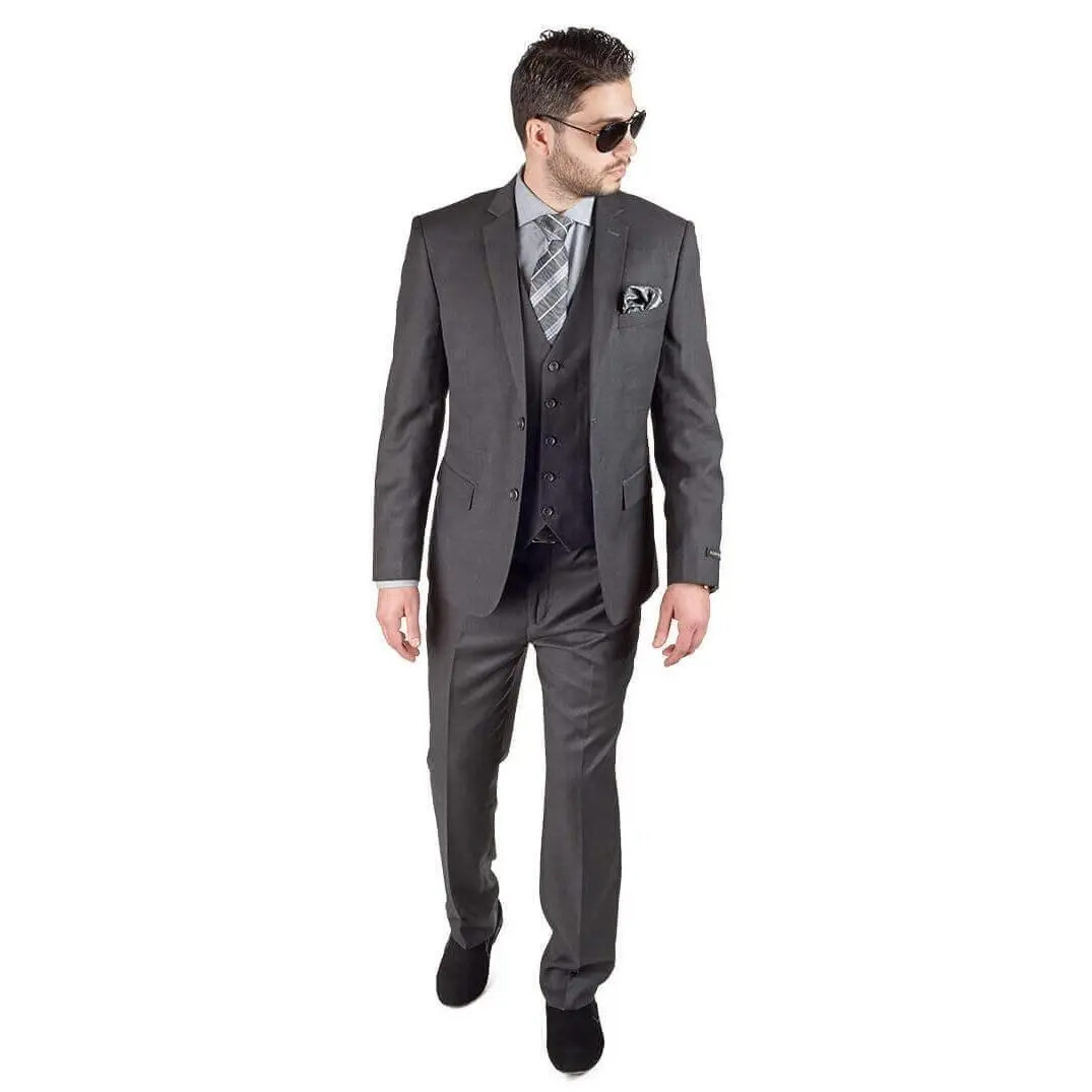Slim Fit Mens 3 Piece Vested Solid Charcoal Grey Suit 2 Button Notch Lapel by AZARMAN