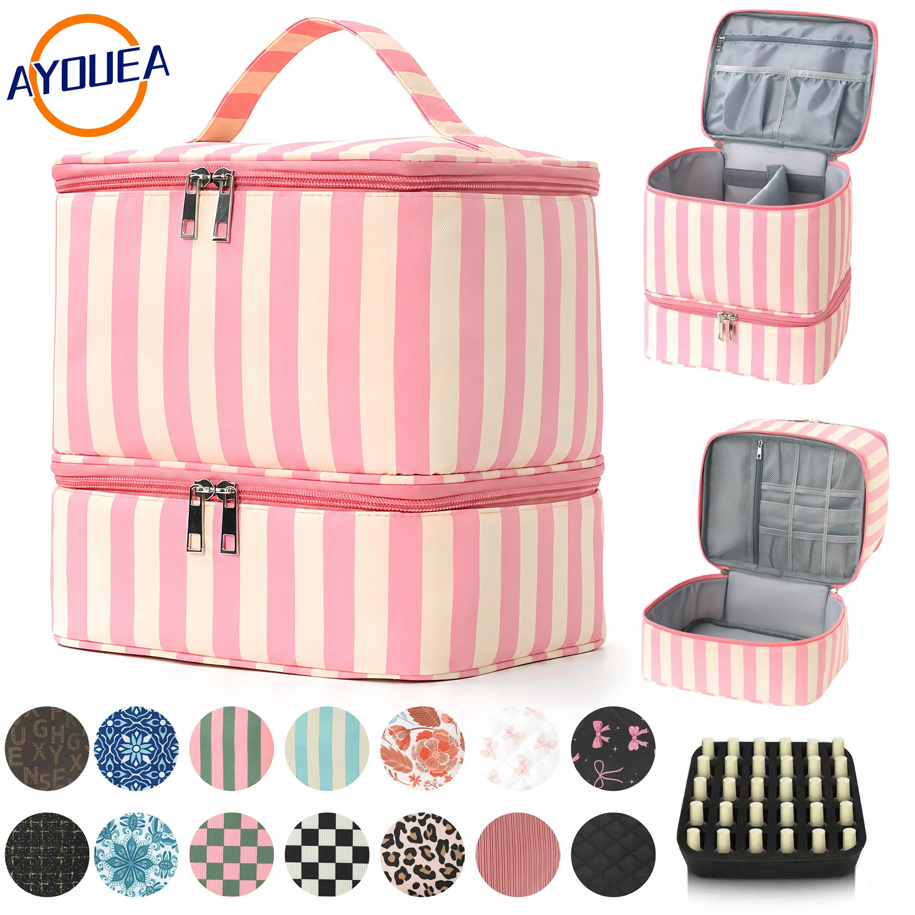Double Layer Nail Polish Organizer Bag Valentine's Day Gift Quilted Portable Cosmetic Pouch Water-Resistant Lightweight Travel Case for Manicure Tools Nylon Matte Makeup Storage Smooth Jewelry Box Fits Nail Lamp Girlfriend Present Minimalist Cover