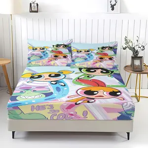 3-Piece Set Of The Powerpuff Girls Patterned Bed Sheets With Comfortable Printed Patterns, Including 1 Bed Sheet And 2 Pillowcases, Comfortable Bedding, Non Slip Suitable For Bedrooms And Guest Rooms, Suitable As a Gift