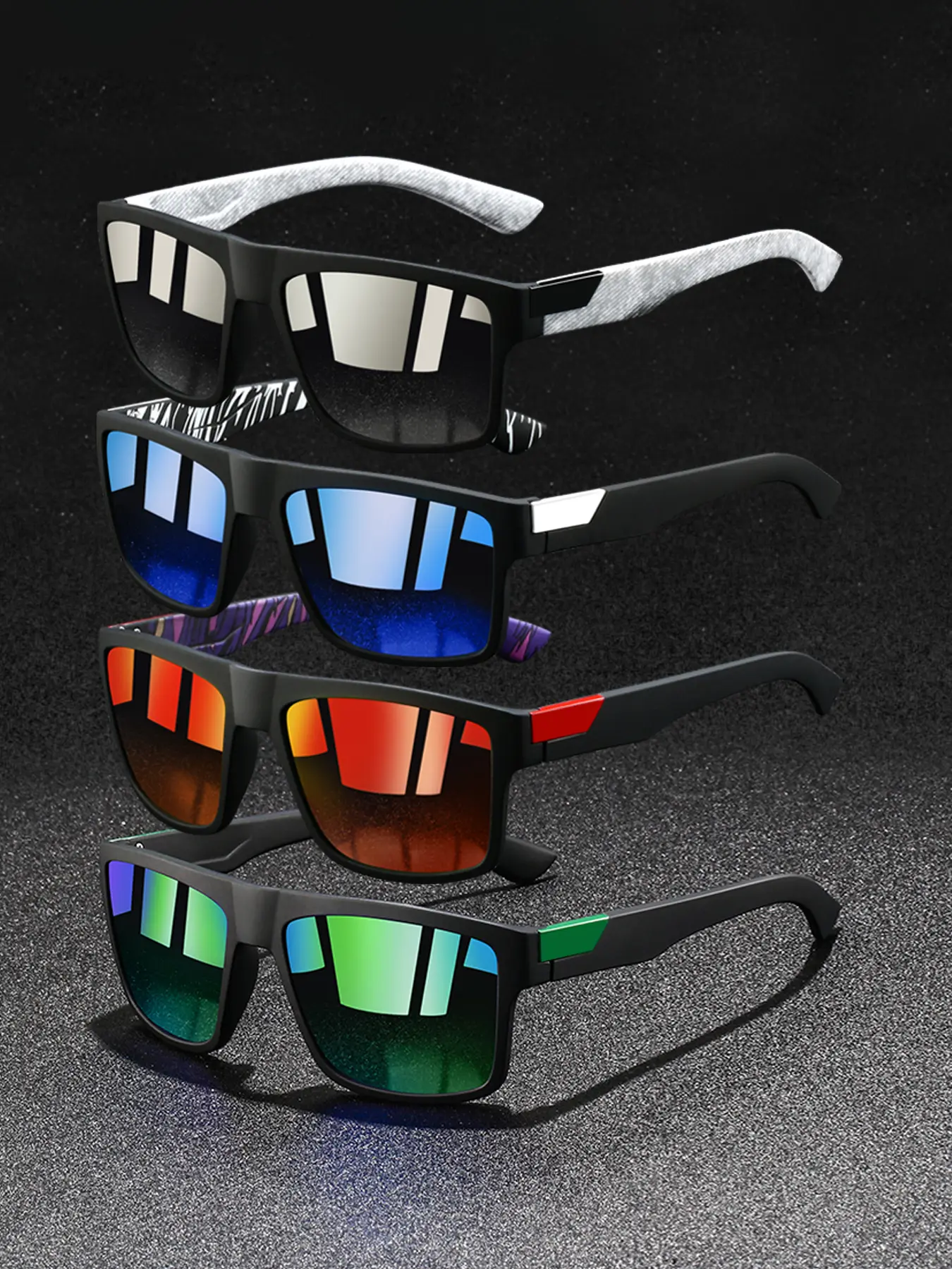 4pcs patchwork style sports sunglasses, Polycarbonate sports eyewear, unisex, UV400 protective lenses for eye safety, variety of lens colors available, with rubber nose pads for anti-slip comfort, Ideal for cycling, fishing, and hiking