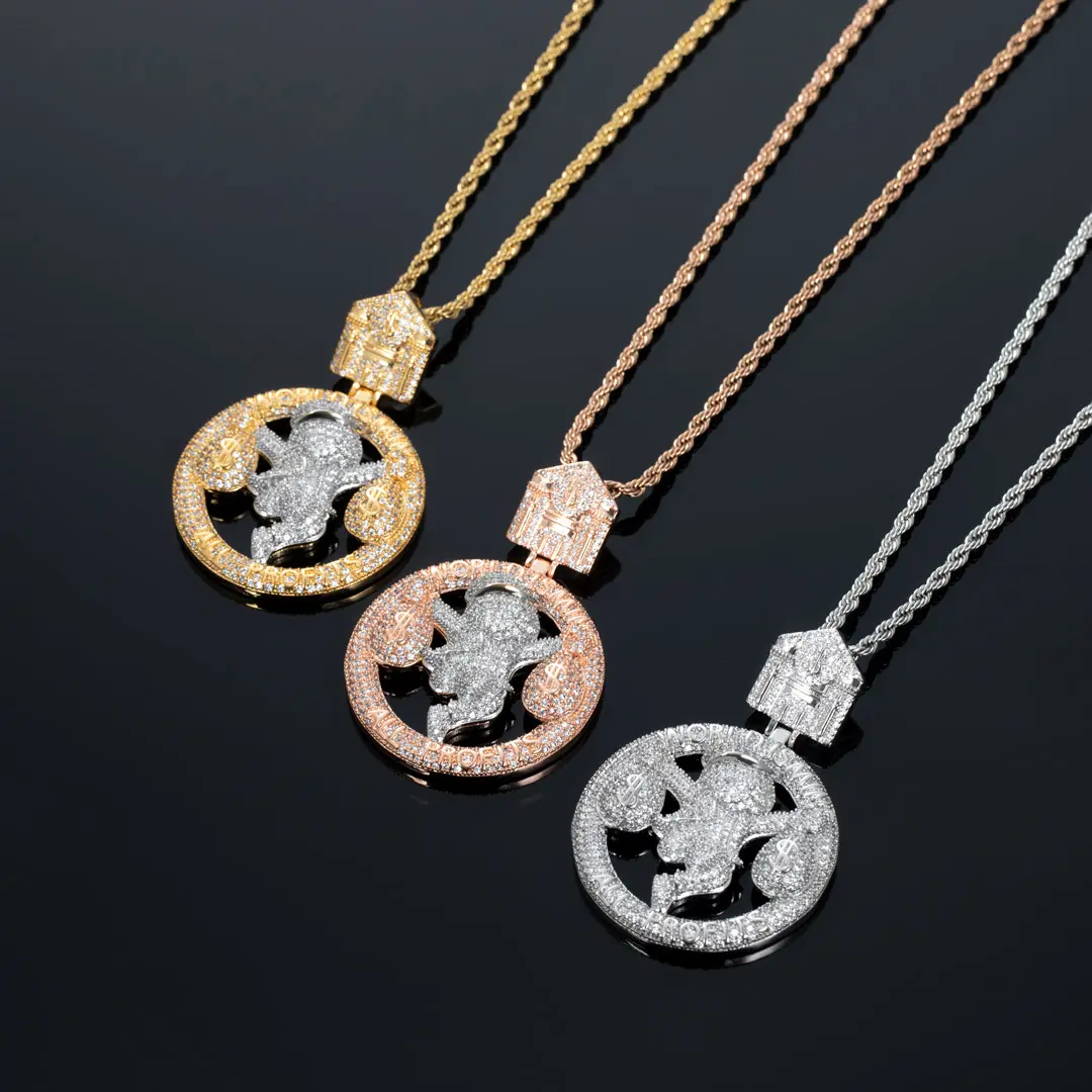 HELLOICE Iced Out Money Bag Round Pendant 18K Gold Plated Pendant with 3mm 24inches Rope Chain