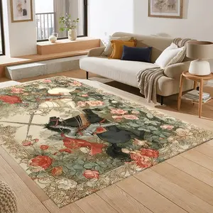 Vintage Knight Rose Theme Decorative Rug, Medieval Court Floral Border Horse Warrior Pattern Mat, Living Room Sofa Coffee Table Bedroom Bedside Soft Decoration
