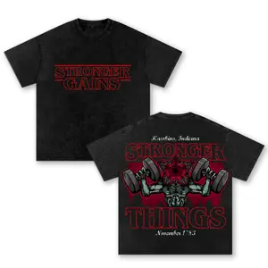Stronger Gains Oversized Washed T-Shirt, Horror Gym Graphic Tee, Bodybuilding Workout Pump Cover Streetwear Shirt for Men