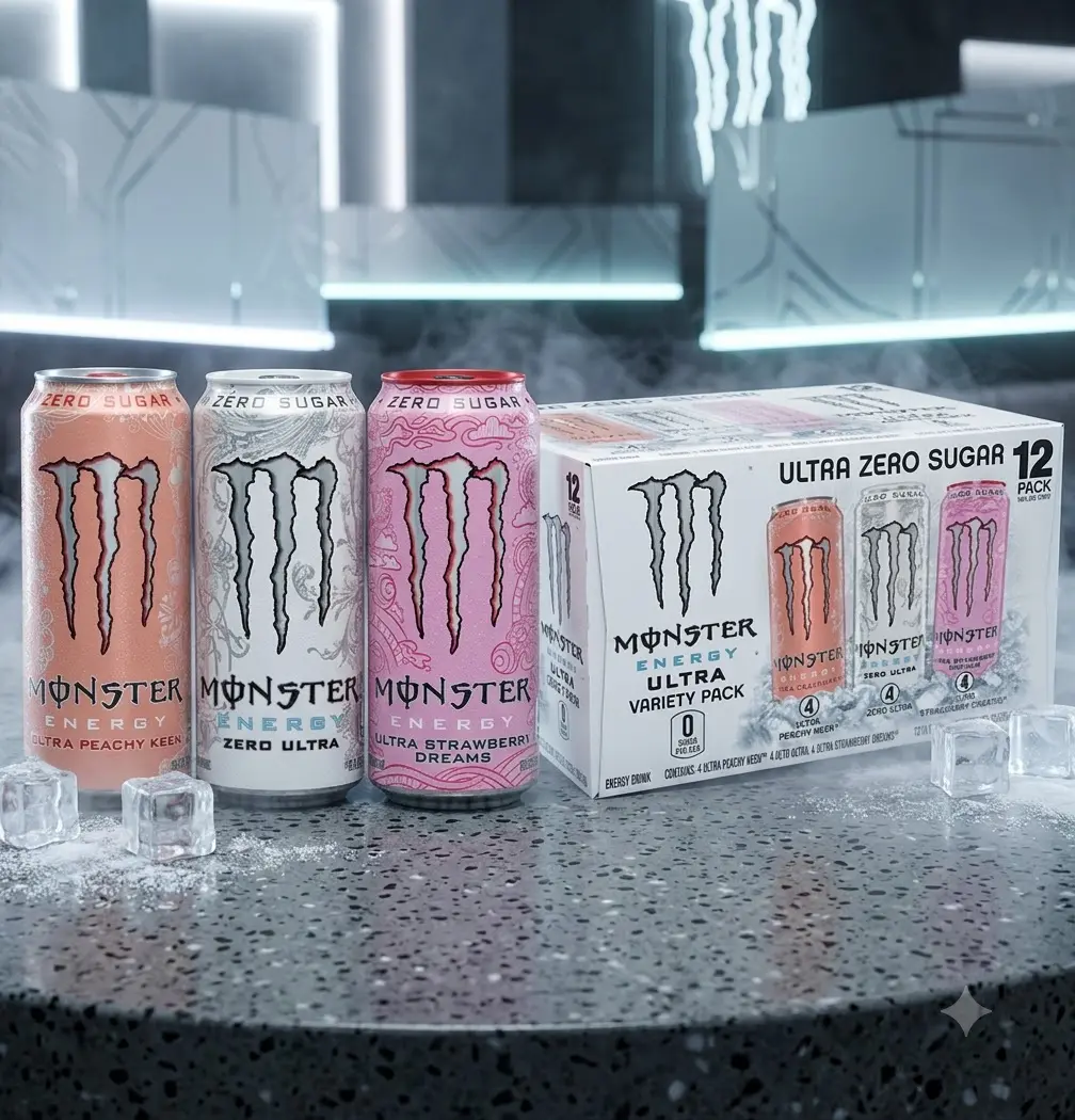 Monster Energy Ultra Variety Pack, Sugar Free Energy Drinks, Ultra Peachy Keen, Zero Ultra & Ultra Strawberry Dreams, 16 Fl Oz, 12 Pack