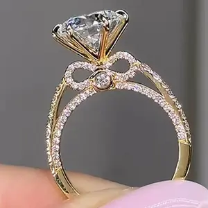 Women's 6-Prong Setting -Cut Lab-Created -Alternative Center Stone & -Accented Band, KC Golden Plated 6-Claw Inlay Solitaire Engagement Wedding Ring - Elegant Infinity Design, Square Bezel Setting with Marquise-Accented Band, Wedding/Valentine's Gift