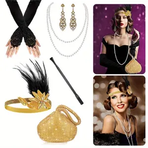 6PCS Costume Vintage Accessories Set with Headband Necklace Gloves Earrings Plastic Holder Bling Purse, Vintage Style Party Accessories Perfect for A 1920s Themed Party, Ideal for Birthday Gifts, Party