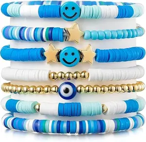 blue bracelet, blue friendship bracelet,Preppy Bracelets Set Colorful White Gold Smile Heart Star Polymer Beaded Pearl Clay Stackable  Y2K Kidcore, Eye, Casual, Soft Clay, Perimeter 6.2"