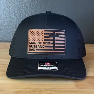 American Flag Man Of God Cross Christian SnapBack Trucker Hat Leather Patch