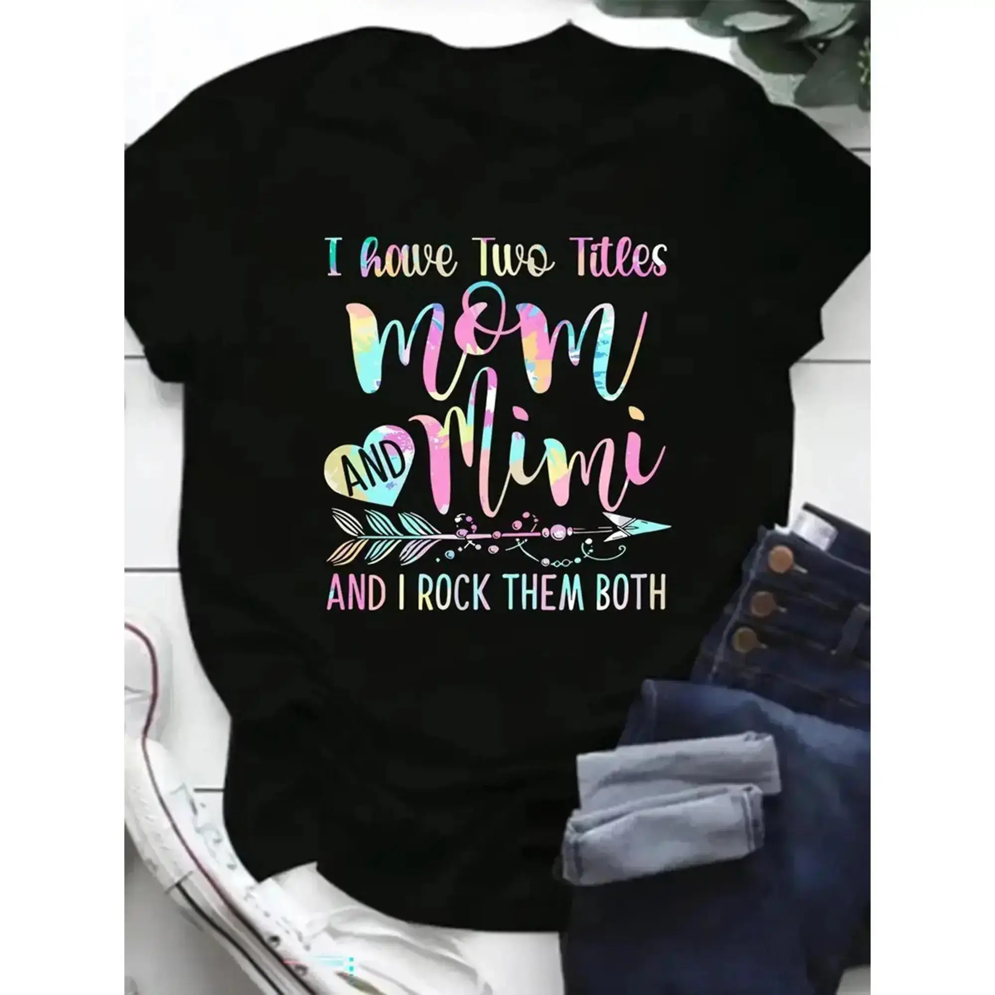 Women's 100% Mimi Graphic T-Shirt - "I Have Two Titles Mom and Mimi" Fun Printed Design, Short Sleeve Round Neck Casual Tee for Casual Attire Father's Day Gift zzh66