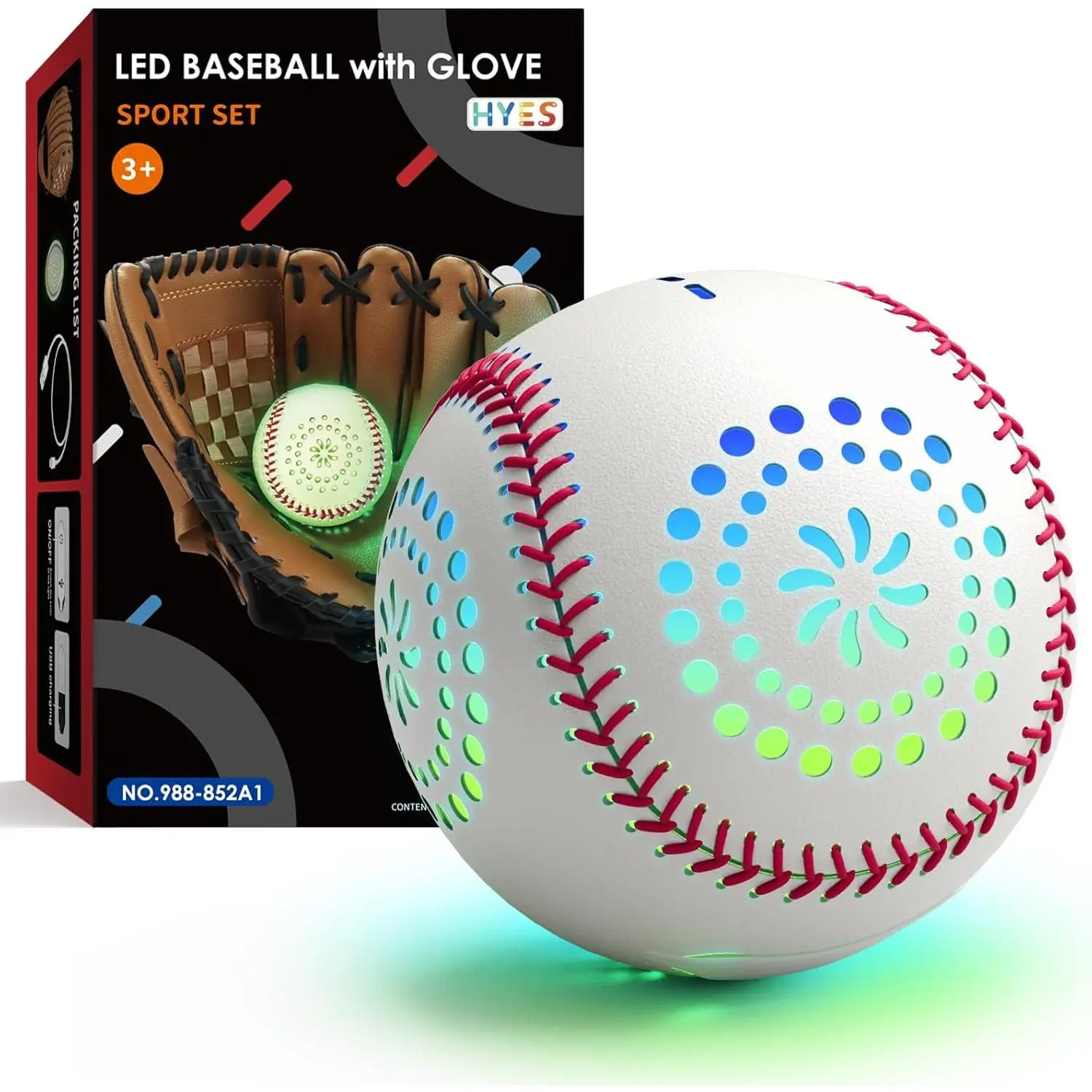 Kids Baseball Glove with Light Up Baseball/LED Rechargeable, 9 Lighting Modes Official Size Leather Weighted Glow Baseballs for Day Night, Sport Toys Games for Youth Boys