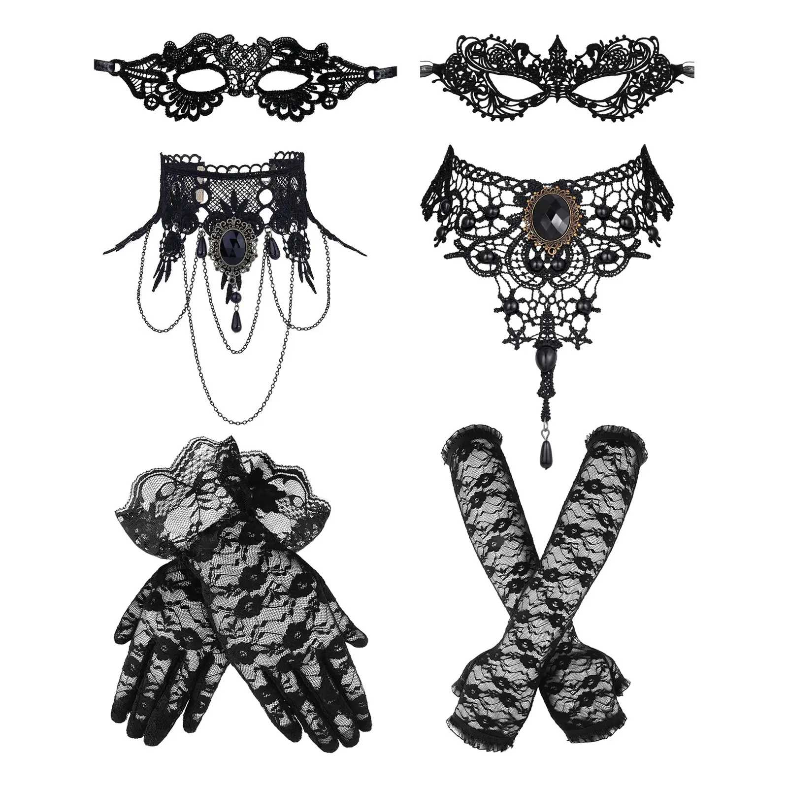 OIDEA Women's 3pcs Layered Lace Black Masquerade Mask Set - Adjustable Size Party Costume Accessory with 12.99x6.69" Choker, Eye Mask, Arm Cuff, Tie Ribbons, Choker Extender Chain, Stiffened Construction for Halloween Cosplay