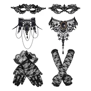 OIDEA 3pcs Lace Masquerade Mask Set for Women, Black Lady's Party Accessories with Choker, Eye Mask & Cuff, Fit with Ribbons for Halloween Cosplay Costumes