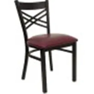 212 MAIN Black X-Back Heavy Duty Outdoor Steel Frame Chair - Curved Bar, Welded Joints, Solid Vinyl Padded Burgundy Seat, Garden Patio Furniture