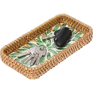 Decorative Key Basket Tray fot Entryway Table Woven Rattan Tray with Mother-of-Pearl Inlay Rectangular Wicker Display Basket for Jewlry, Green