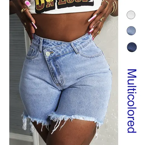 Casual Women's Fashion Denim Shorts Summer High Waisted Dressy Irregular Botton Short Flare Jeans Pants Blue Bottom Womenswear Streetwear Basic Minimalist
