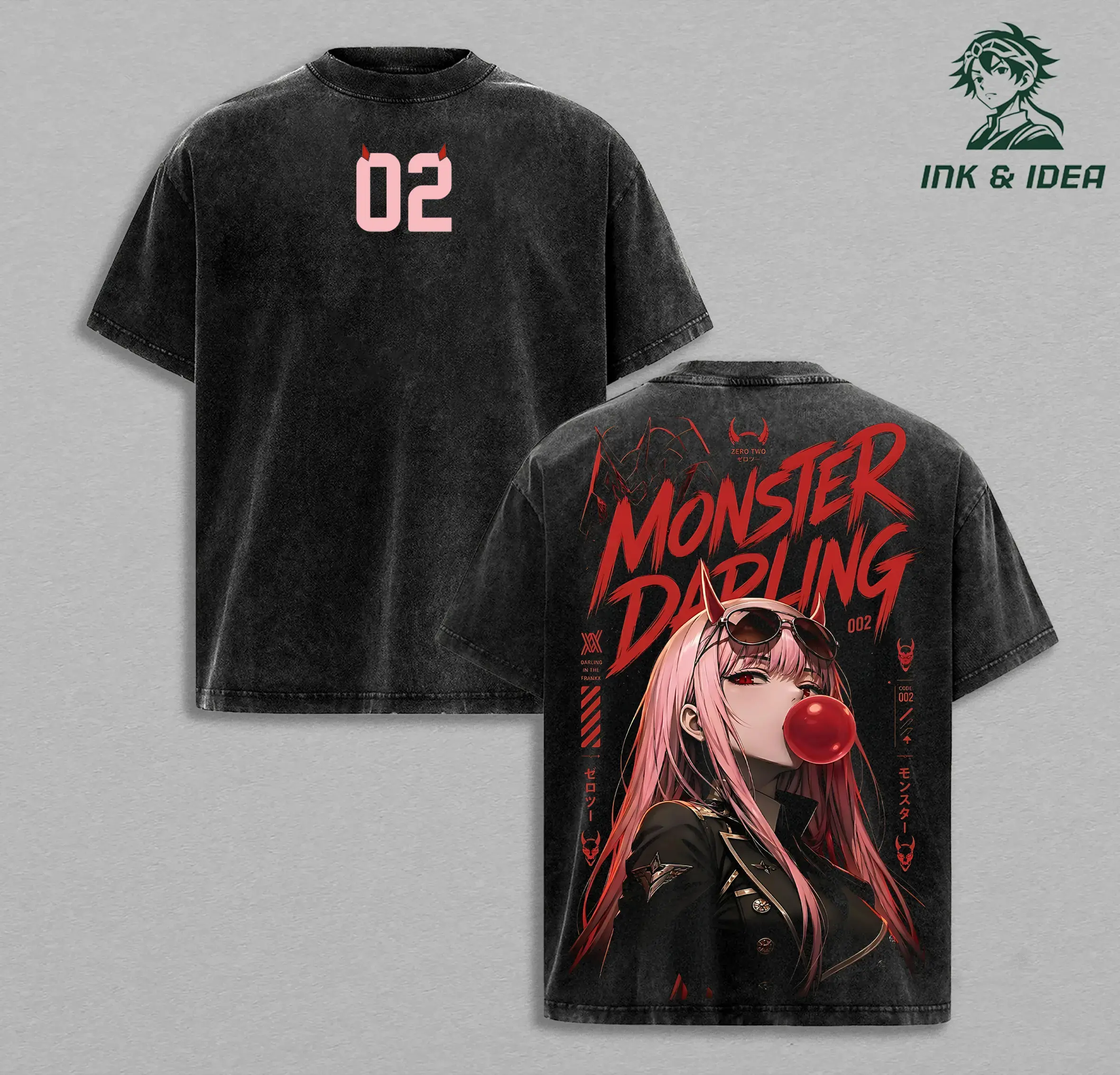 Men's 02 Darling in the Franxx Vintage Washed Oversized Heavy Cotton T-Shirt - Monster Anime, Y2K Retro Manga, Cyberpunk Aesthetic Hip Hop Streetwear, Unisex Casual Alternative Apparel Gift