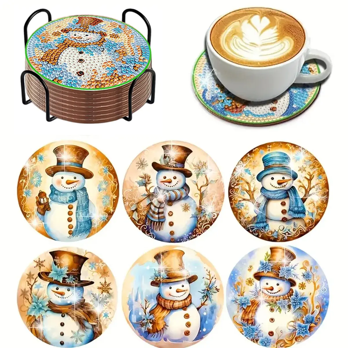 6 Piece Christmas Pattern Diamond Painting Wooden Cup Coasters, DIY Creative Diamond Art for Home Decor, Festive Gift Idea, Coasters for Drinks