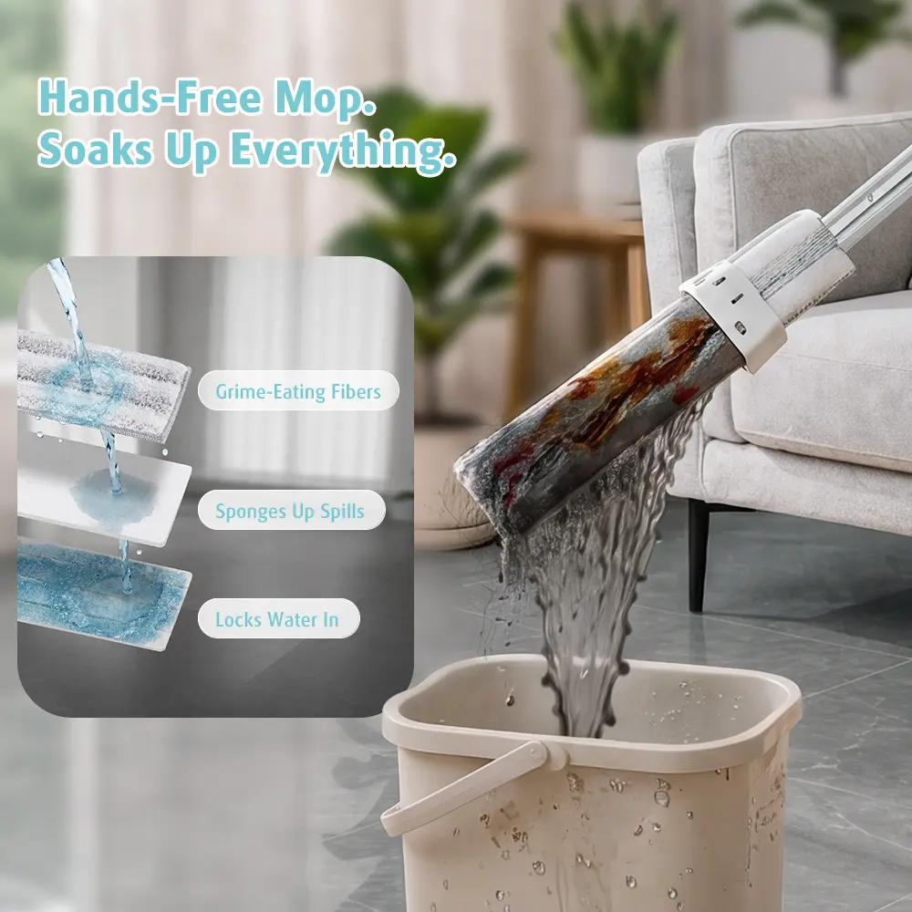 AIR U Hands Free 360° rotation Self-Cleaning Self-Wring Double Sided Mop for Bathroom Baseboard, Floor-to-Wall edges, Wall Corners, Under Sofa，Celling, Long Handle Triangular Double-Sided Design, Effortless Wet & Dry Use
