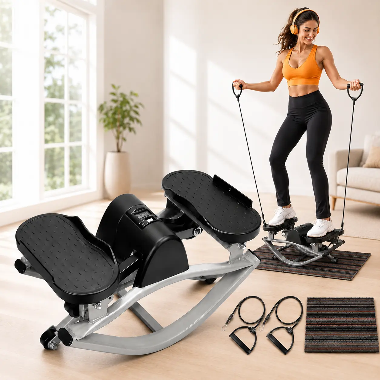 Lateral Rocking Stepper Machine for Home Gym – Side to Side Stepper with Digital Monitor and Resistance Bands, Quiet Low Impact Full Body Workout Equipment for Legs, Core and Total Body Training, 250LBS Capacity