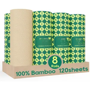 Paper Towels - 8 Rolls, 2 Ply 120 Sheets- Plastic Free, Tree Free, Compostable, Disposable Kitchen Paper Towels, Soft and Absorbent,  Free, Nature