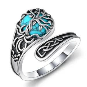 S925 Mother's Day Synthetic Turquoise Celtic Open Ring with Tree of Life Design, Vintage Nature & Growth Symbolism Adjustable Ring Jewelry, Unisex Gift for Nature Lovers, Spiritual Healing Amulet for Wiccan&Pagan, for Daily Wear