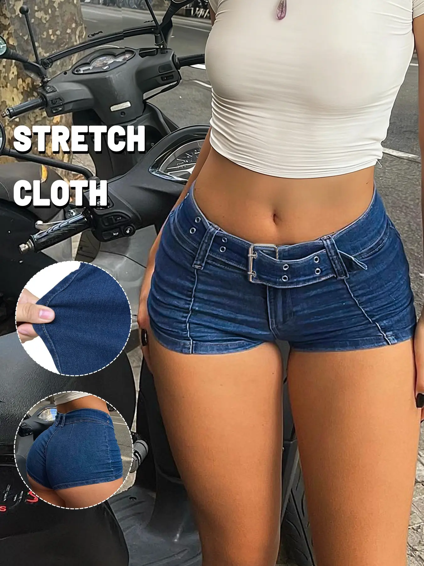 GILIPUR Women's Waist Buckle Design Skinny Fit Casual Slim Versatile Basic Denim Shorts, Lightweight, Breathable, Low-rise mini women's shorts,Belt design,Adjustable,medium stretch fabric,Summer fashion items,T-Chic, Denim Shorties