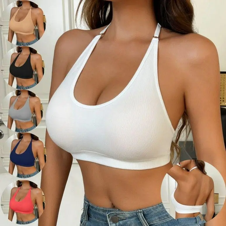 Women's Ribbed Halter Bralette, Strappy Criss-Cross Seamless Sporty Bra, U-Neck Wireless Padded Lingerie for Everyday Yoga, Hand Wash, Sporty Bras, Strappy Criss-Cross Everyday Bras, Polyamide Fiber