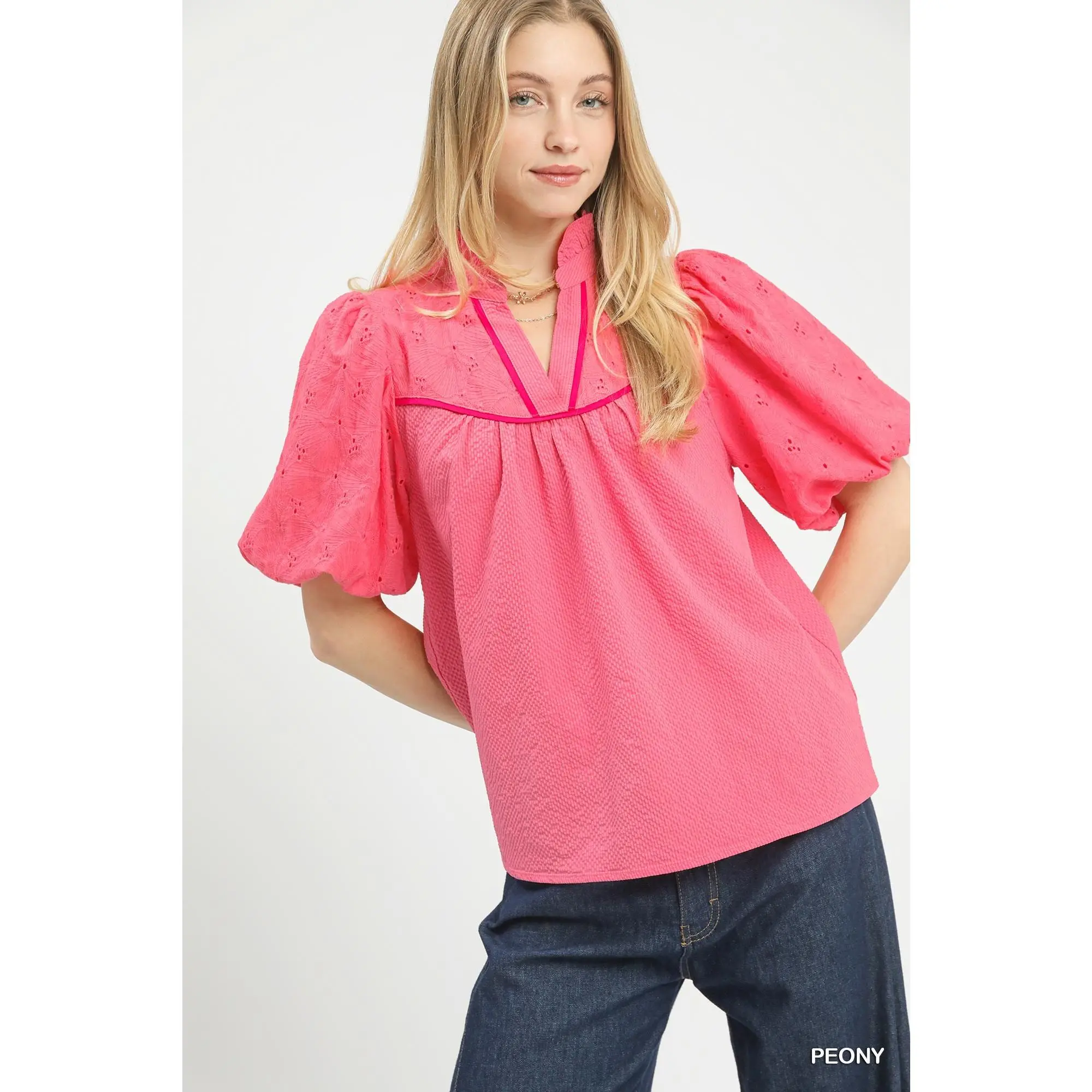 Umgee Puff Sleeve Eyelet Mix Top with Contrast Piping