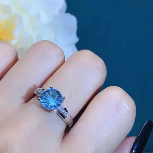 A24 Elegant Ice Blue Solitaire Promise Ring with Sparkling Side Stones | Perfect Gift for Her