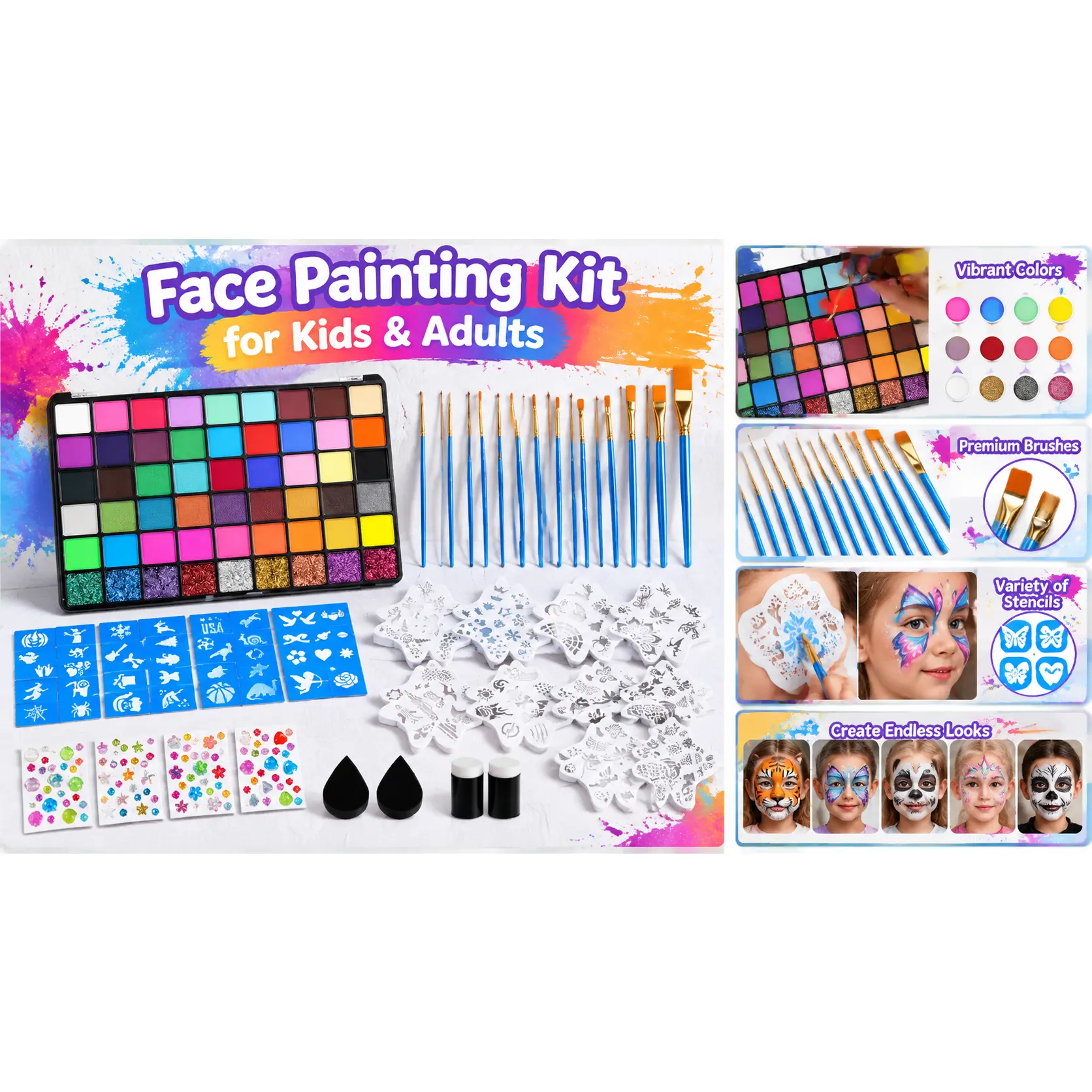 Smooth Cosmetic Face Painting Kit for Kids & Adults - Vibrant Colors, Premium Makeup Brushes Set, Variety of Stencils for Endless Look Creation