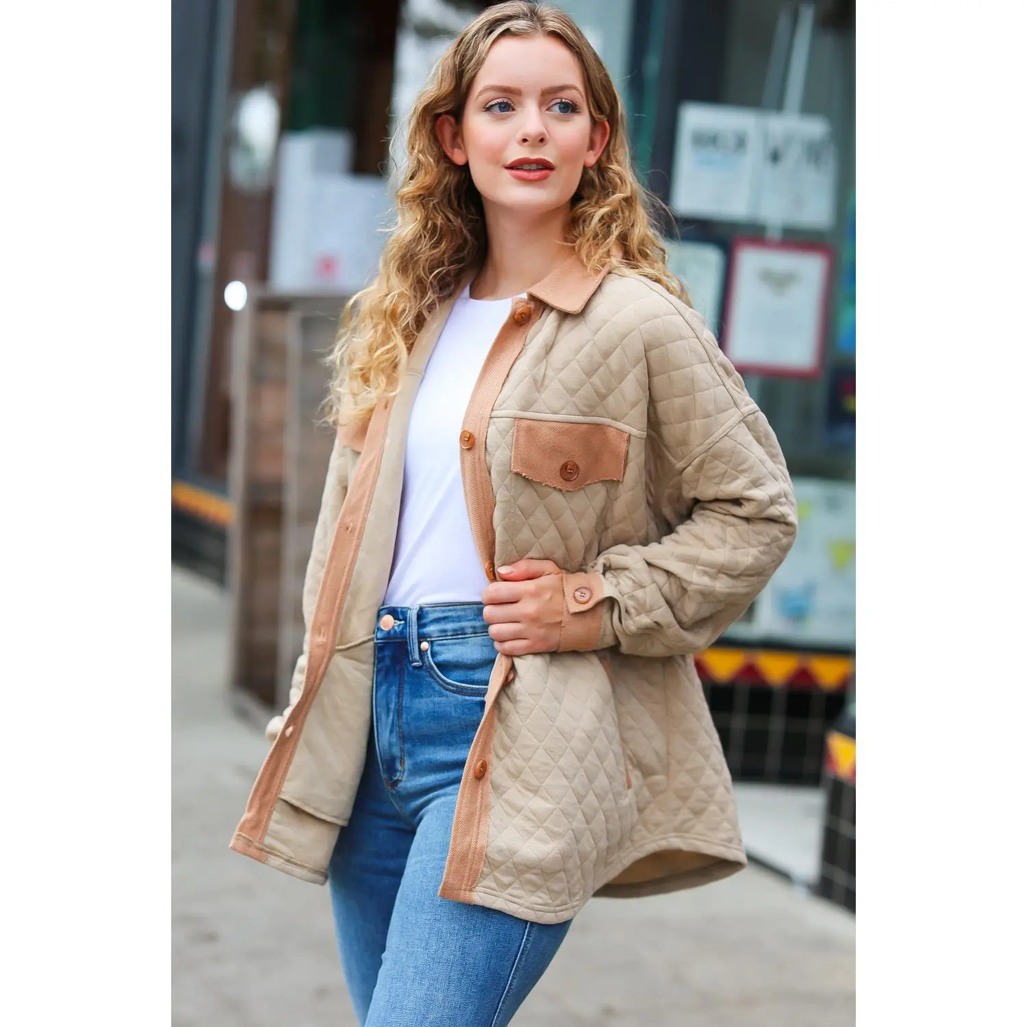 Eyes On You Taupe Quilted Knit Button Down Shacket