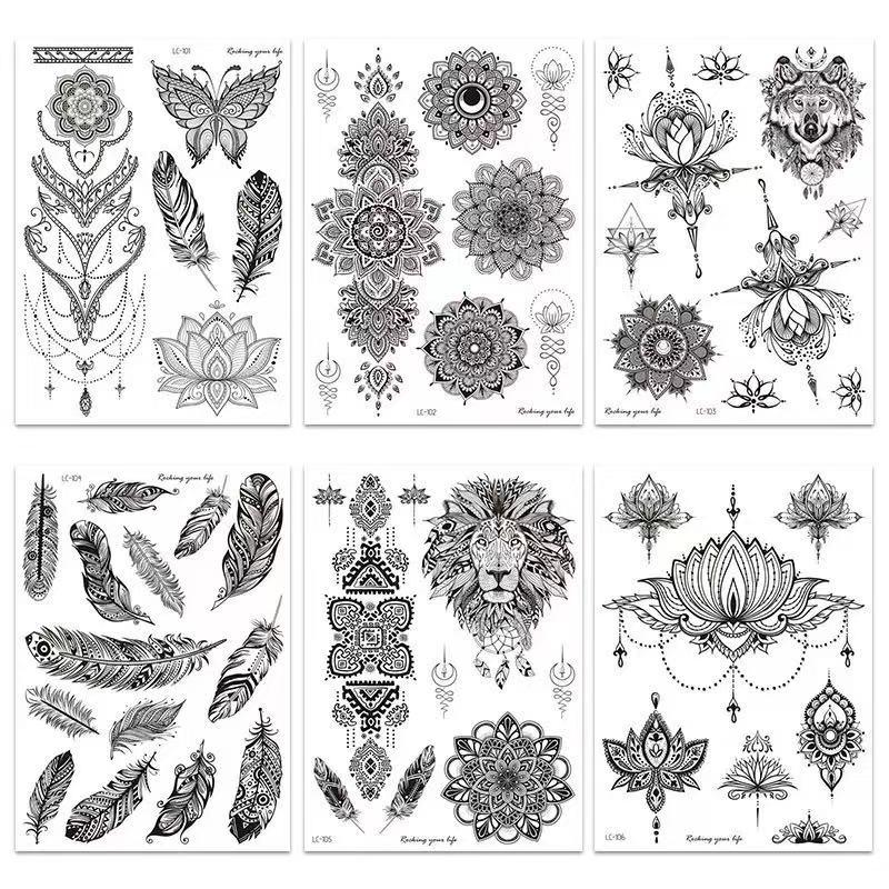 3 Pieces/Lot Unique Sexy Black Temporary Tattoo Stickers For Women Adults Feather Mandala Flower Body Art Large Big Arm Temp Tattoo Sheet Lace Indian Bridal Wedding Tatoo Dreamcatcher Paper OWL Water Proof Henna Stencils Henna Pen