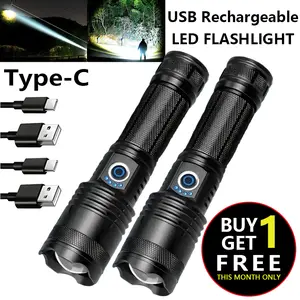 Buy One Get One Free - USB Rechargeable LED Flashlights ,Compact Design IP44 Protection USB-C Interface Adjustable Focus Three Lighting Options for Outdoor Camping Work Emergency