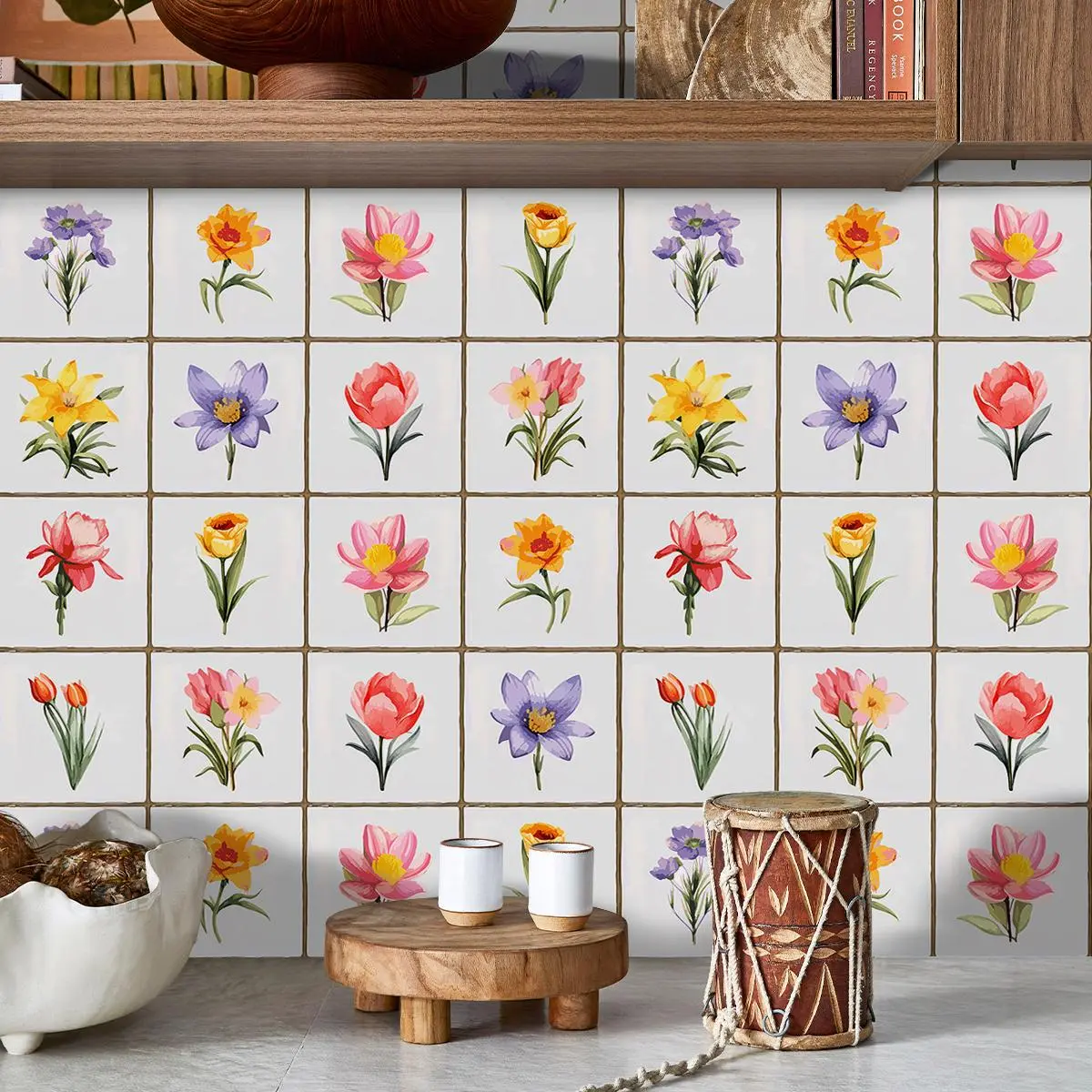 10pcs Colorful Vintage Moroccan Portuguese Geometric Tile Wall Stickers, Self-Adhesive Waterproof Decor for Kitchen, Retro Space Renovation