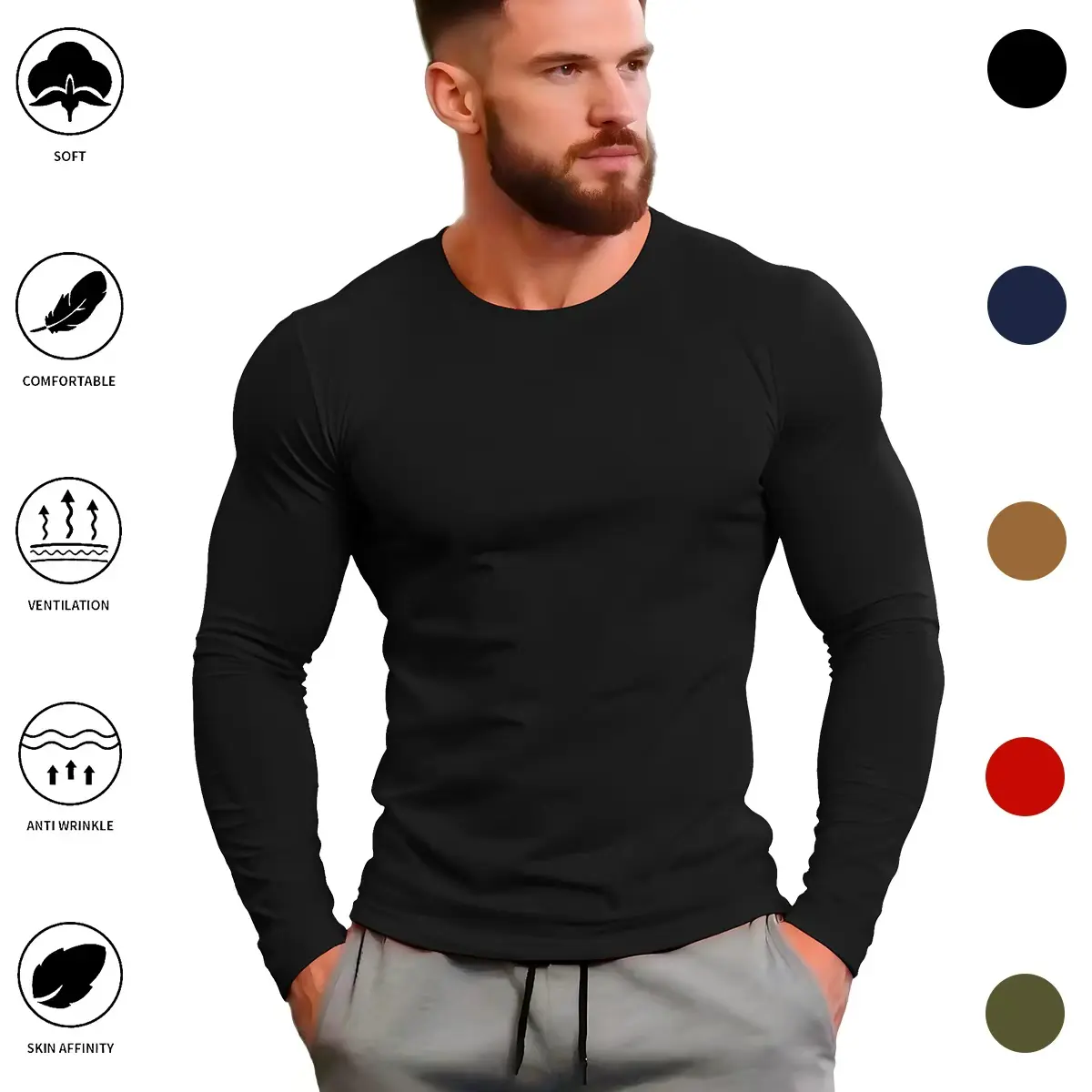 Men's Quick Dry Crew Neck Sweatshirt, Plain Long Sleeve Breathable Performance Top for Gym Training and Everyday Wear, Round, Fitness Athletic Streetwear, Athletic Fitness Top, Breathable Workout Top
