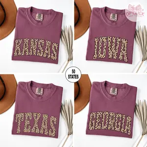 Custom 50 States Name Graphic Tee, Comfort Colors Leopard All States Shirt, Personalized Gift for Her, College Leopard Print T-Shirt, Unisex Cotton Top - DPCLICK
