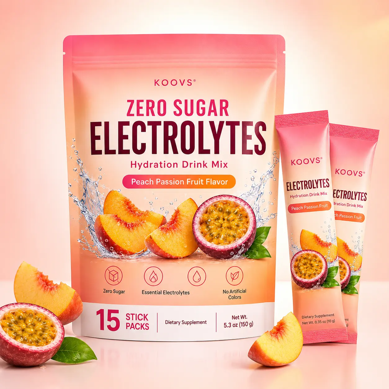 KOOVS Sugar-Free Electrolyte Powder Drink Mix Supplement (15 pcs Individual Packs) - Peach & Passion Fruit Flavors, Quick Hydration Support, Replenishes Daily Electrolyte Balance, Refreshing Taste
